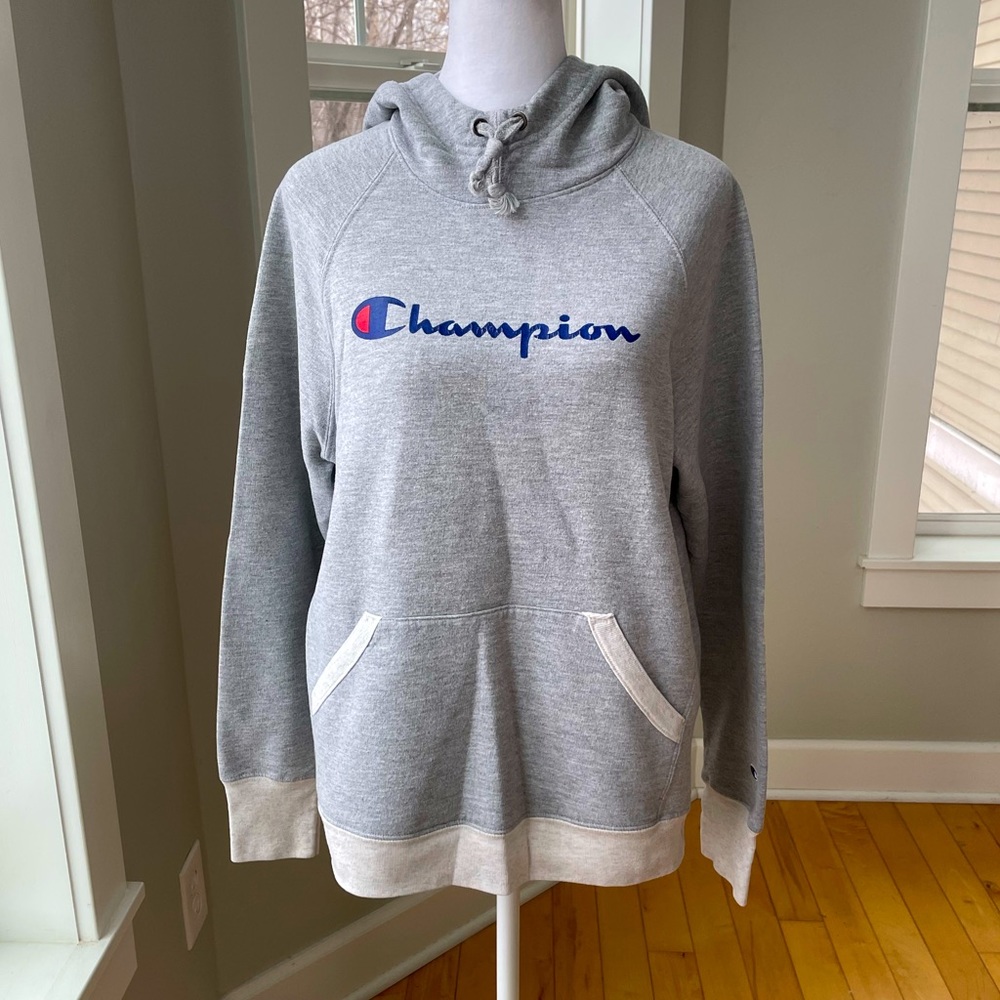 Vintage Champion Heather Gray and White Hooded Sweatshirt Size Medium